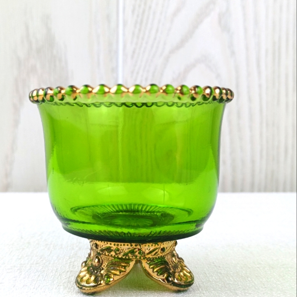 Vintage Green Glass Toothpick Match Holder with Gold Accent table decor